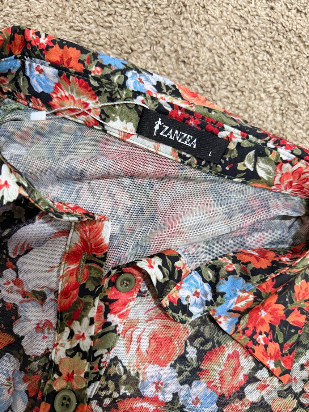 Zanzea Floral Sheer Button-Down Shirt in Black and Coral - Picture 2 of 3
